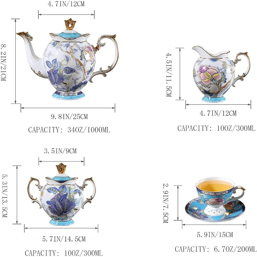 21 Piece Porcelain Blue and Gold Tea Set