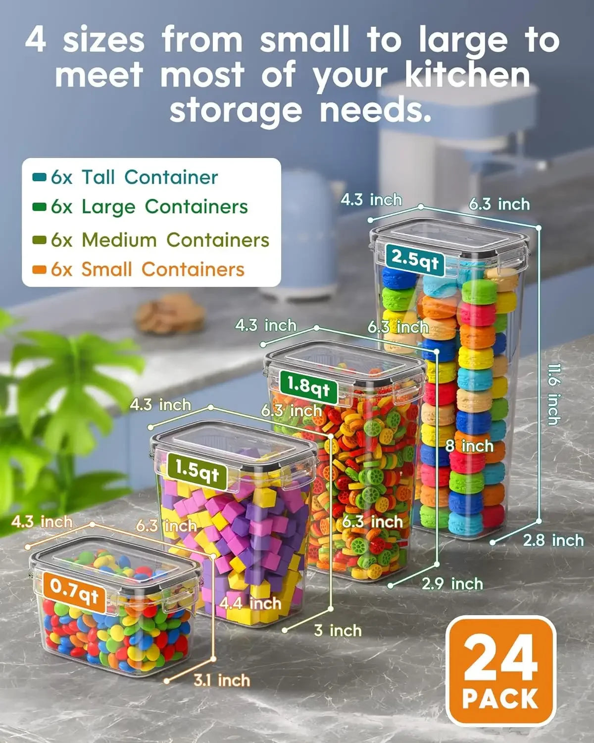 24 PCS Airtight Food W/ Lids, Kitchen Pantry Organization & Storage