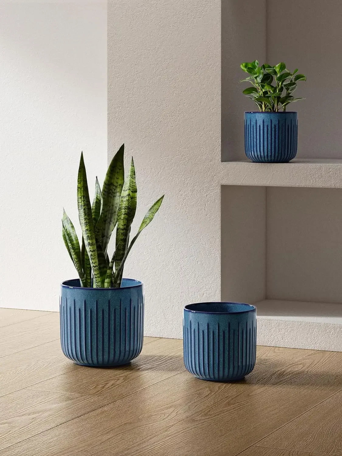 Medium Cylinder Planters Pot for Indoor House Plants, Set of 3, Blue