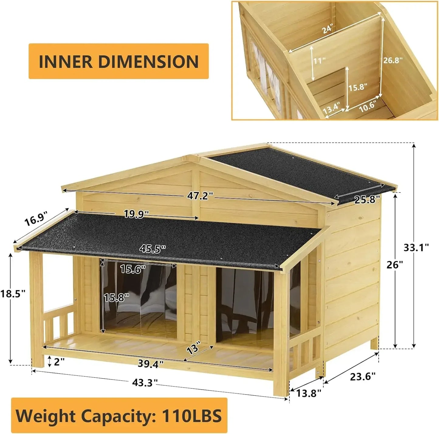 47.2" Waterproof  Dog House with Porch, Elevated Floor, 2 Doors