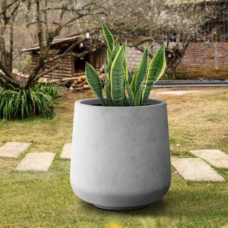 15.3" Dia Round Concrete Planter, Outdoor Indoor Large Plant Pots Containers with Drainage Hole and Rubber Plug