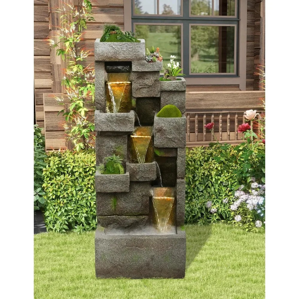 Garden Fountain Tall 3 Tier Waterfall with LED Lights