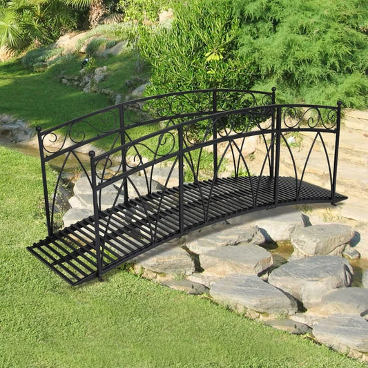 8 Ft Metal Garden Bridge with Safety Patterned Siderails