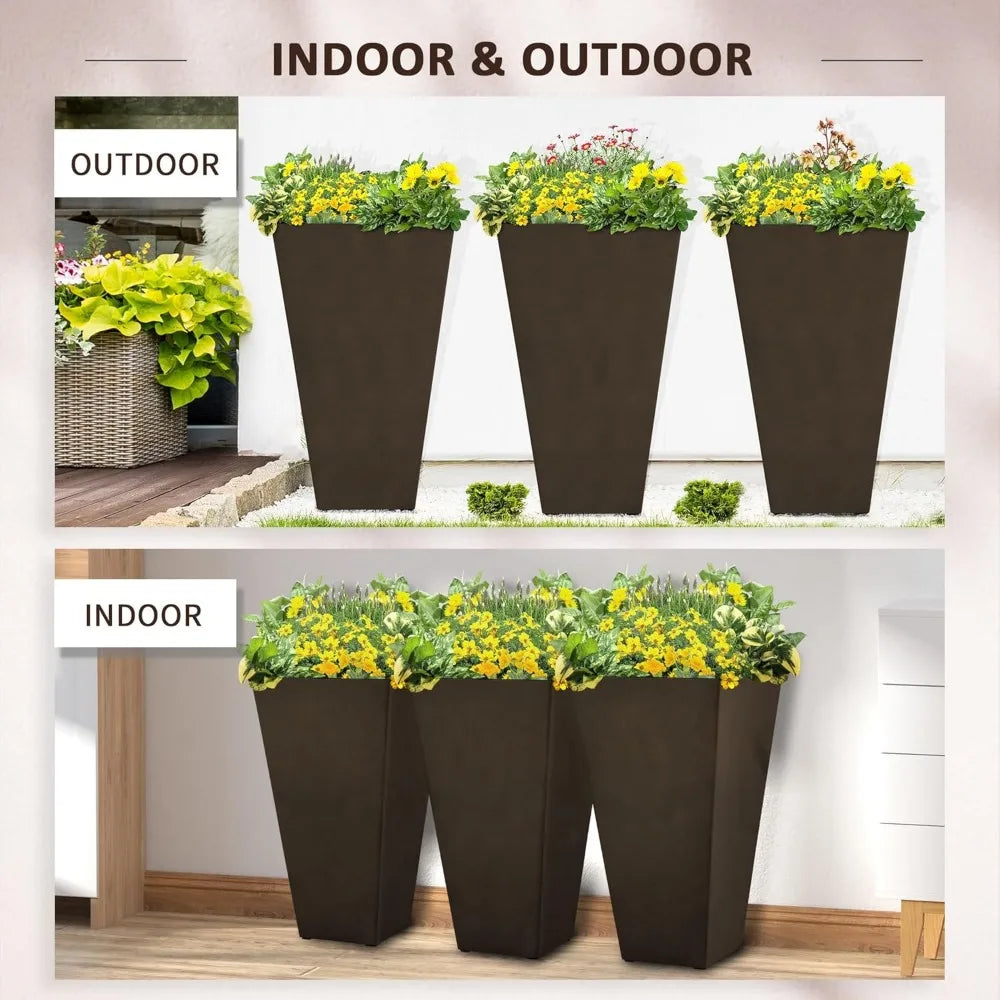 Set of 3 Outdoor Tall Planters with Drainage Hole, 28"