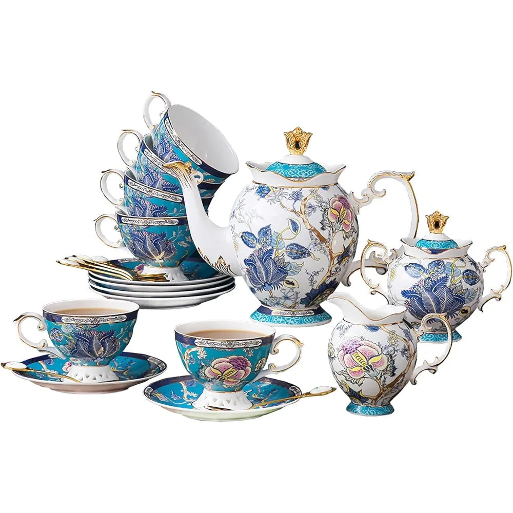 21 Piece Porcelain Blue and Gold Tea Set