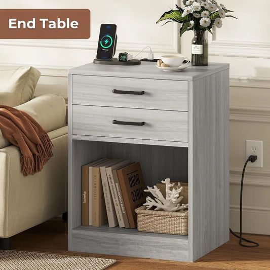 Set of 2, Grey Nightstands with Charging Station & Drawers