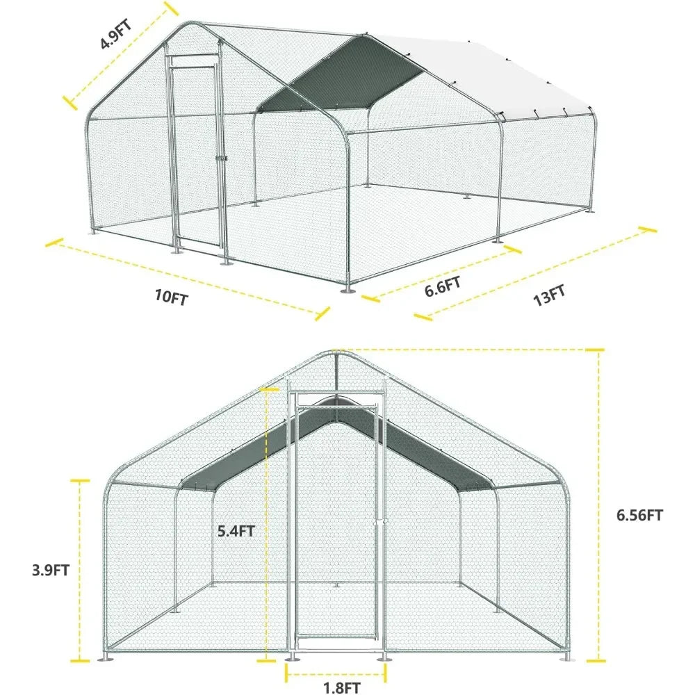 10x13FT Large Metal Chicken Run with Roof, Walk-in Poultry Cage Chicken Coop Runs House for Yard with Waterproof Cover