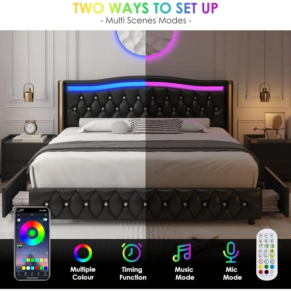 King Smart LED Platform Bed Frame with 4 Storage Drawers