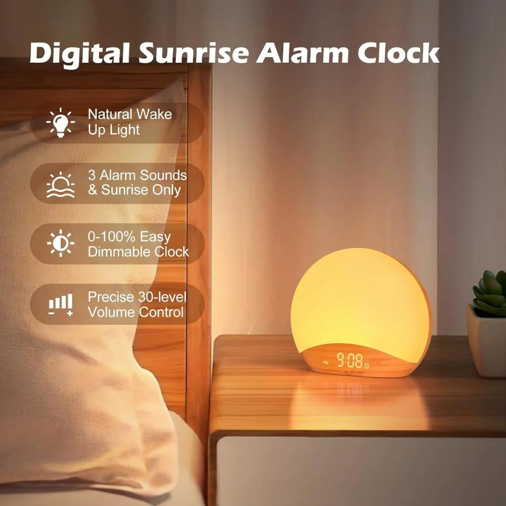 Wood Sunrise Alarm Clock, Dimmable with 26 Sleep Sounds