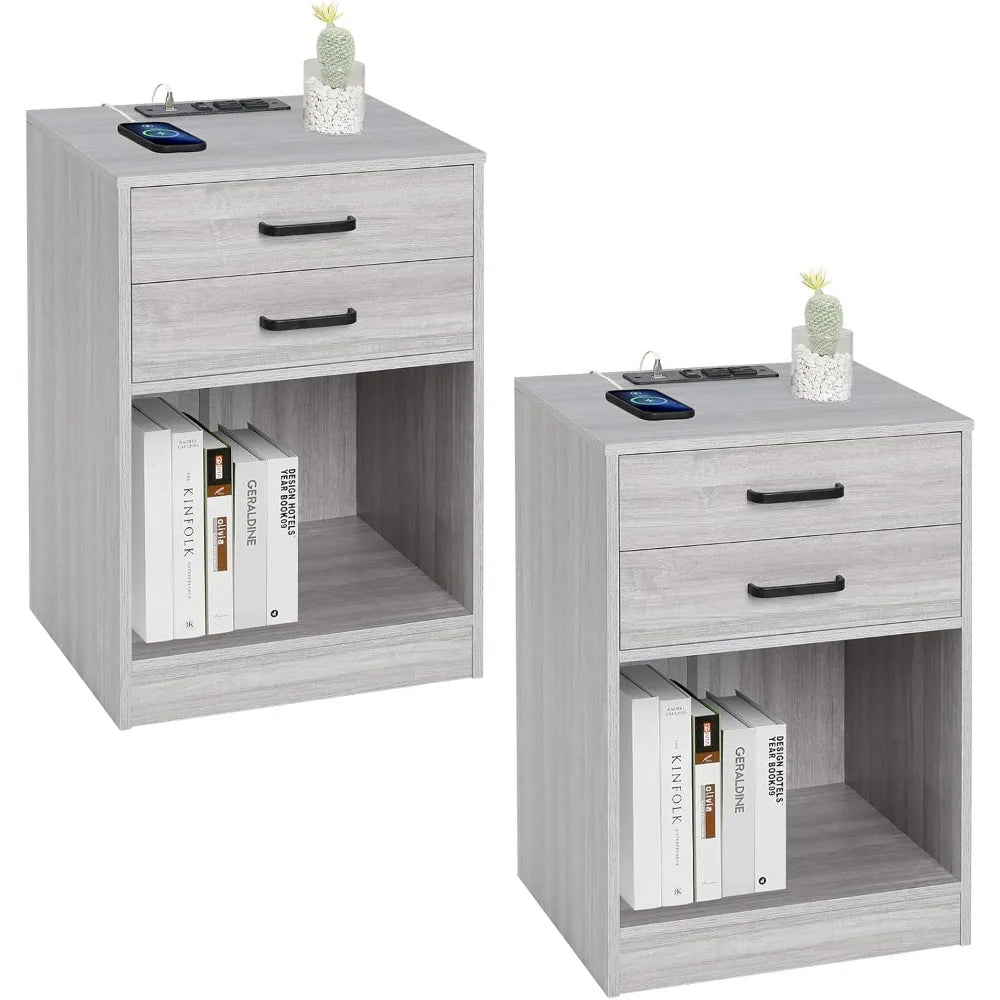 Set of 2, Grey Nightstands with Charging Station & Drawers