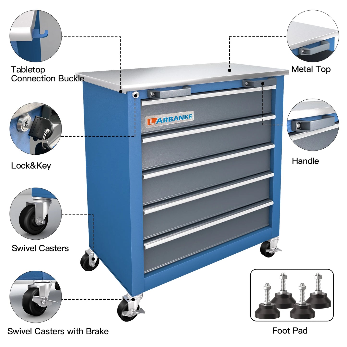 5-Drawer Rolling Tool Chest on Wheels with Keyed Lock