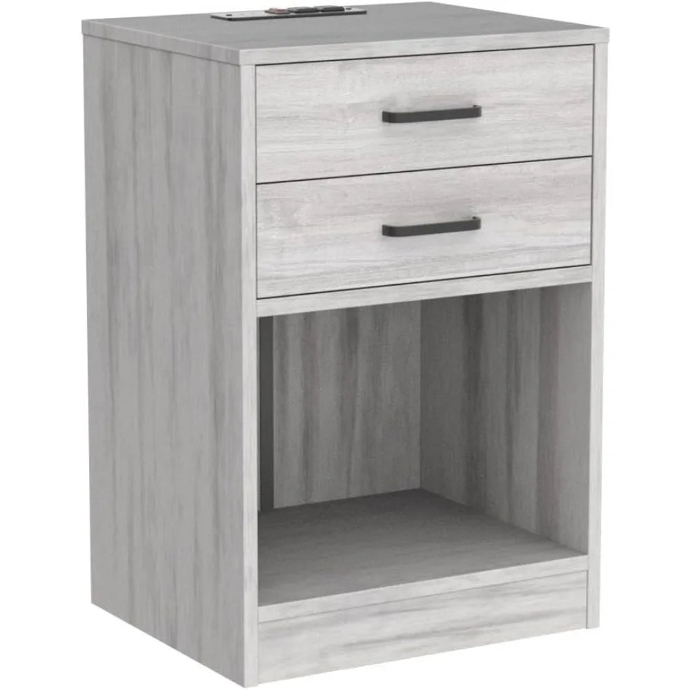 Set of 2, Grey Nightstands with Charging Station & Drawers