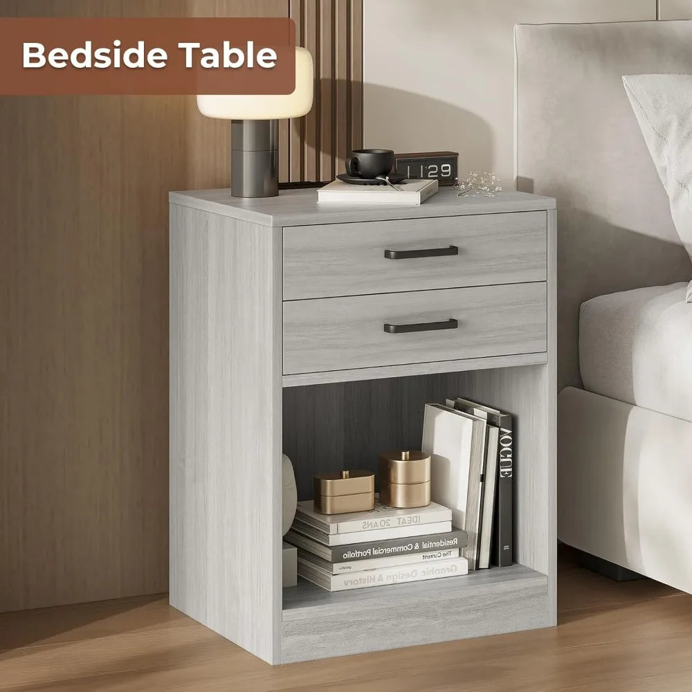 Set of 2, Grey Nightstands with Charging Station & Drawers