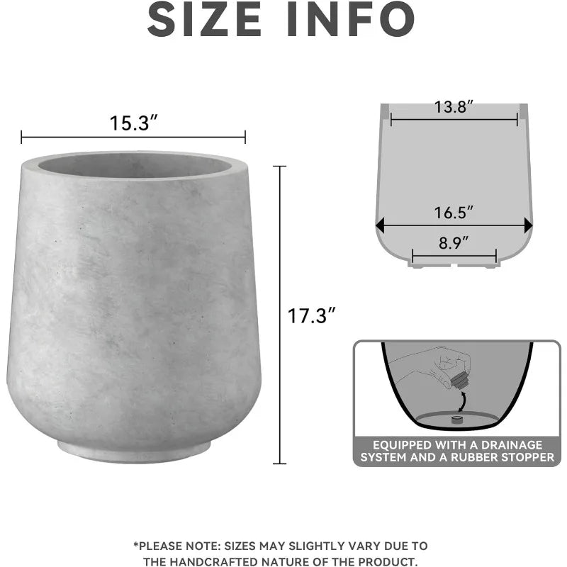 15.3" Dia Round Concrete Planter, Outdoor Indoor Large Plant Pots Containers with Drainage Hole and Rubber Plug