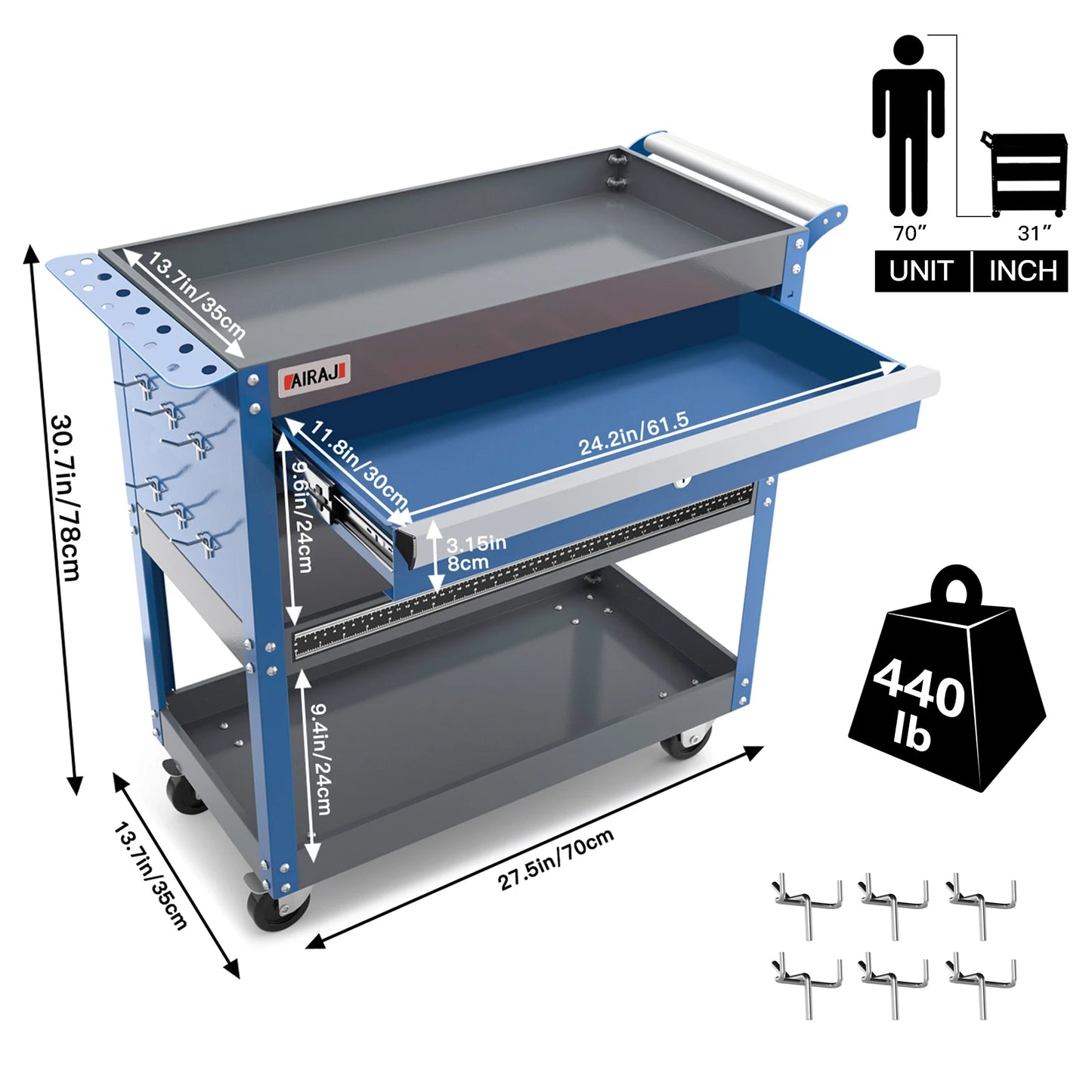 Tools Trolley for Heavy Duty 3 Tier, with Hanging Plate Hooks