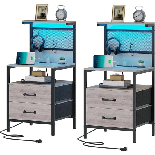 Set of 2 Side Tables with Charging Station and LED Lights