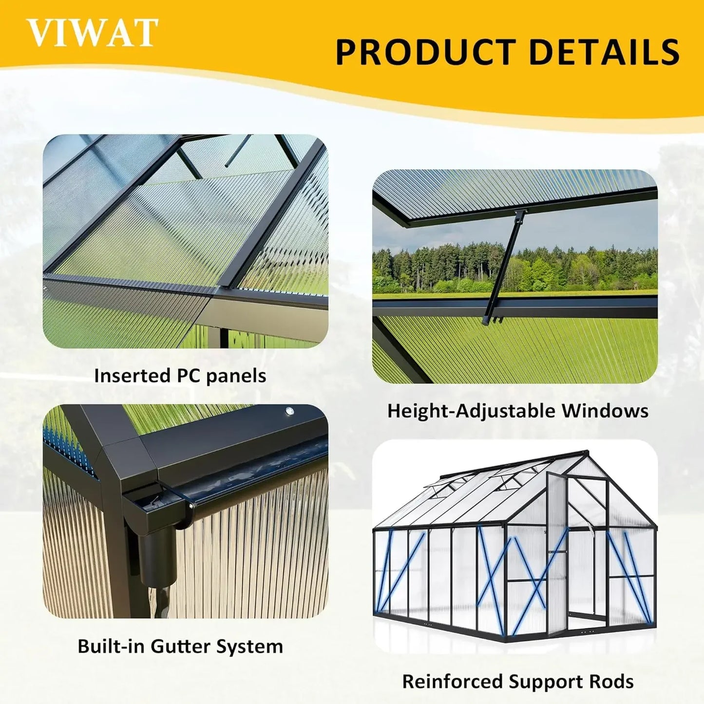 Greenhouse for Outdoors Polycarbonate Greenhouse with Quick Setup Structure and Roof Vent Aluminum Large Walk-in Green