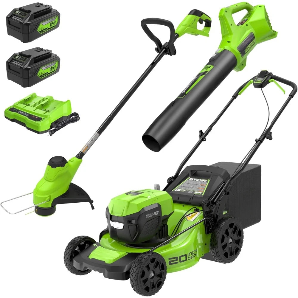 2 x 24V 20" Brushless Cordless (Push) Lawn Mower + Blower (320 CFM) + 12" String Trimmer