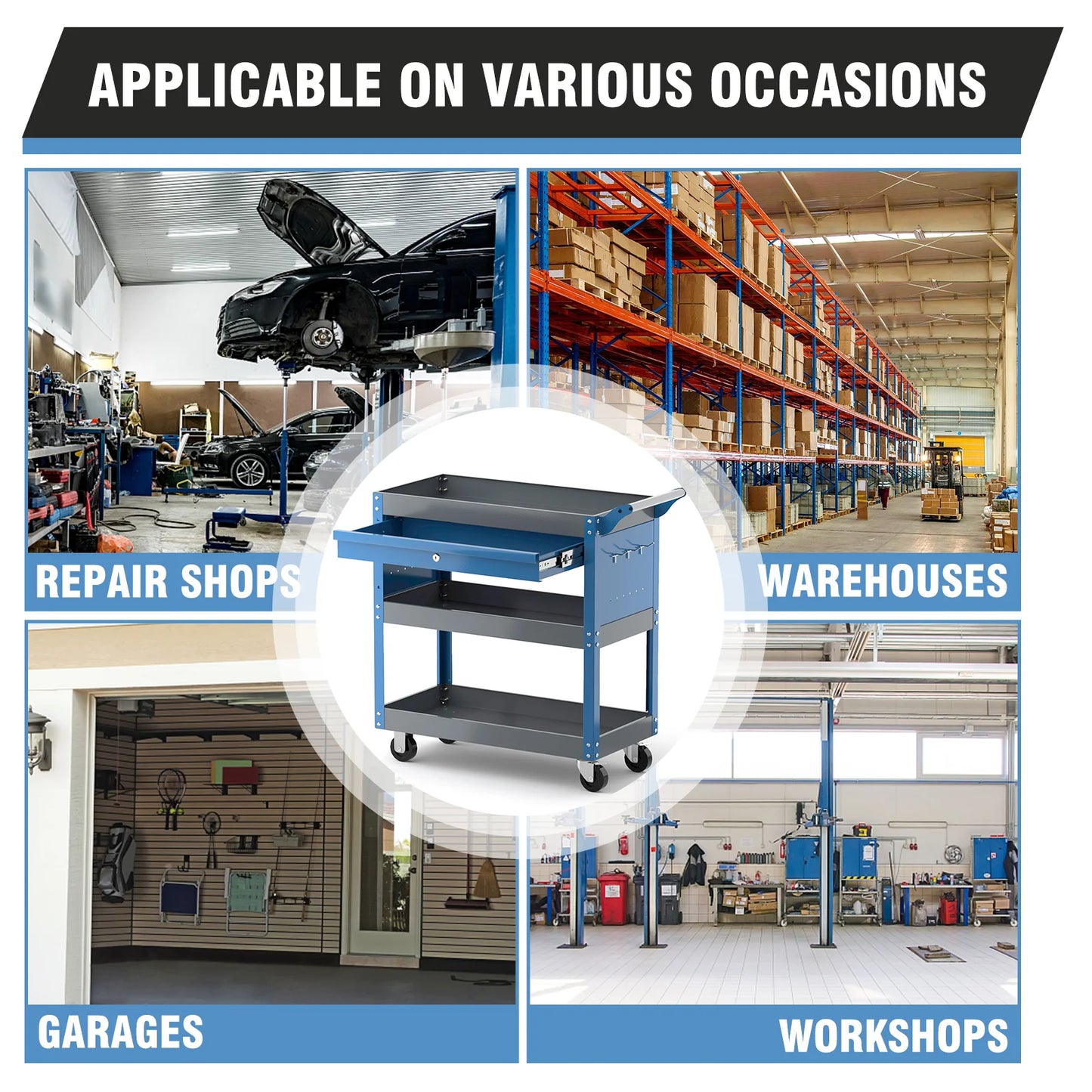 Tools Trolley for Heavy Duty 3 Tier, with Hanging Plate Hooks